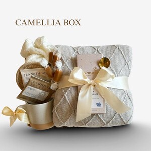 Sympathy Gift Basket, Hygge Gift Box with Blanket, Sending a hug, Thinking of you, Thank You gift, Encouragement gift box for women, Socks 3. CAMELLIA BOX