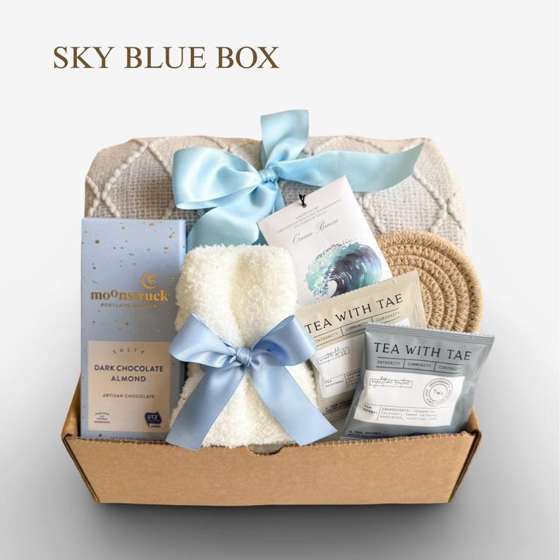 Sympathy Gift Basket, Hygge Gift Box with Blanket, Sending a hug, Thinking of you, Thank You gift, Encouragement gift box for women, Socks 6. SKY BLUE BOX