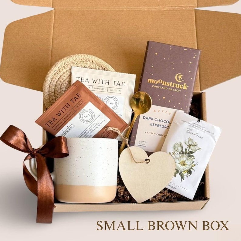Warm and Cozy Gift Box For Her, Care Package For Women, Sympathy Gift Basket, Sending Hugs For Friend, Get Well Soon, Tea Gift Box, Cheer Up 3. SMALL BROWN BOX