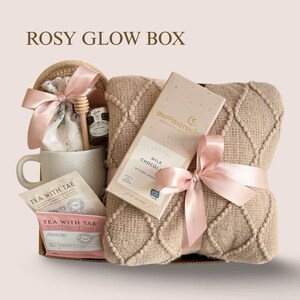 Sympathy Gift Basket, Hygge Gift Box with Blanket, Sending a hug, Thinking of you, Thank You gift, Encouragement gift box for women, Socks 2. ROSY GLOW BOX