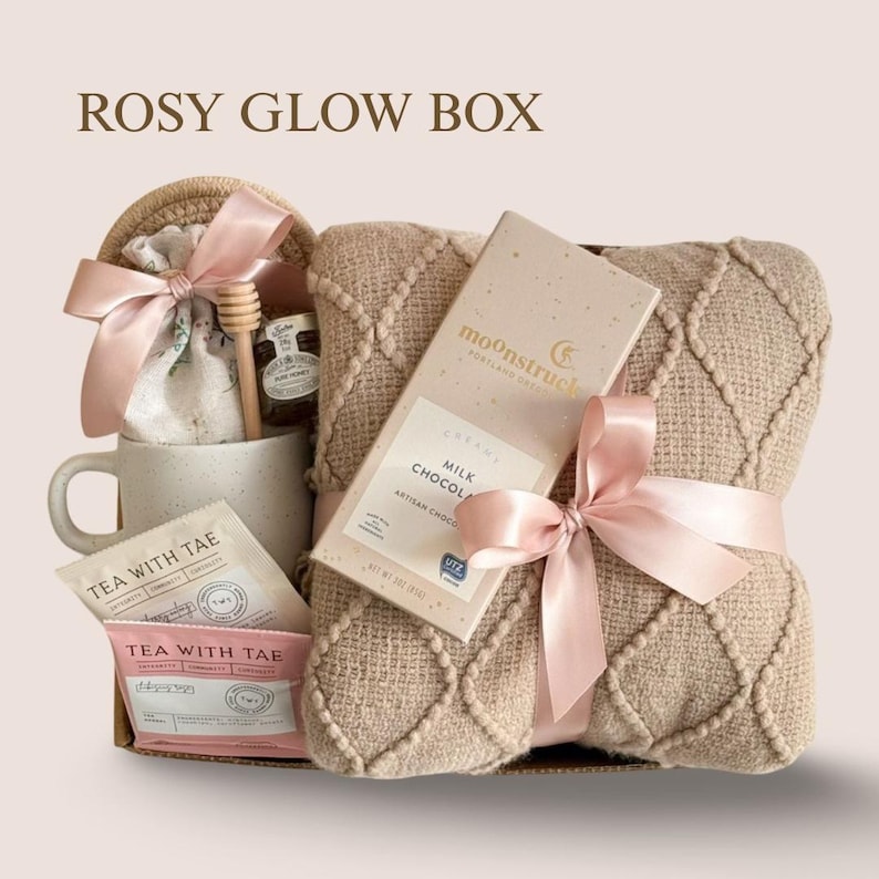 Sympathy Gift Basket, Hygge Gift Box with Blanket, Sending a hug, Thinking of you, Thank You gift, Encouragement gift box for women, Socks 2. ROSY GLOW BOX