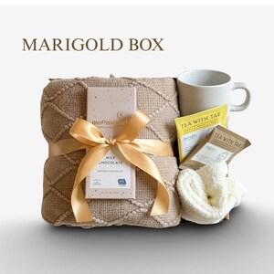 Sympathy Gift Basket, Hygge Gift Box with Blanket, Sending a hug, Thinking of you, Thank You gift, Encouragement gift box for women, Socks 7. MARIGOLD BOX