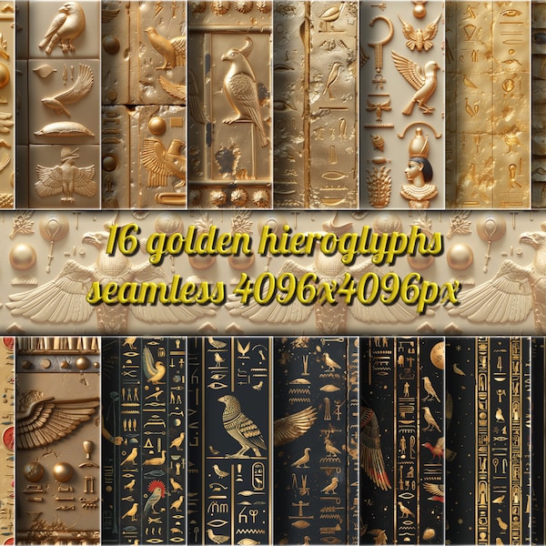 Golden Egyptian Hieroglyphs: Luxurious Seamless Patterns for Art & Design, commercial license, high resolution digital paper