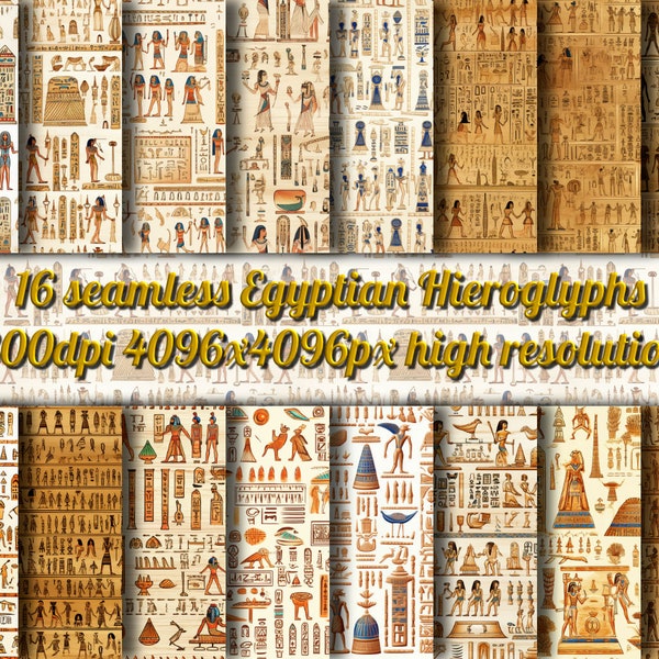 Realistic looking Egyptian Hieroglyphs on Papyrus: 16 Seamless Patterns - Ancient Wisdom, Lifelike Texture