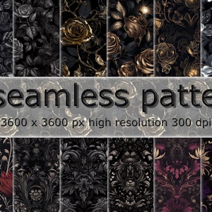 Gothic Blooms: 16 Dark Seamless Flower Patterns - Elegance Meets Mystery in Seamless Art