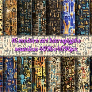 Könnte beinhalten: 16 nahtlose digitale Papiermuster mit modernen Hieroglyphen in verschiedenen Farben, darunter Gold, Schwarz, Blau und Rot. Die Muster eignen sich perfekt für die Erstellung einzigartiger und auffälliger Designs.