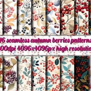 Autumn Berries: 16 Seamless Patterns - Rustic Charm, Nature-Inspired Designs, Digital Download
