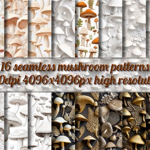 16 seamless mushroom patterns, different styles: pencil, relief, gold