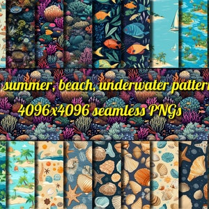 Könnte beinhalten: 36 nahtlose Sommer-, Strand- und Unterwassermuster im PNG-Format. Die Muster zeigen farbenfrohe Korallenriffe, tropische Fische, Muscheln, Palmen und Segelboote. Jedes Muster ist 4096x4096 Pixel groß.