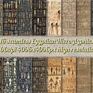 Könnte beinhalten: 16 nahtlose digitale Papiermuster mit ägyptischen Hieroglyphen in Gold und Schwarz auf verschiedenen Hintergründen. Die Muster sind in hoher Auflösung und 300 dpi.