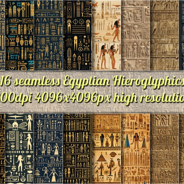 Hiéroglyphes égyptiens antiques : 16 JPG sans couture - Symboles authentiques, papyrus et pierre, haute résolution