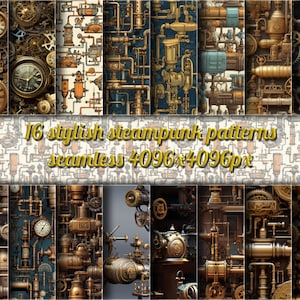 May include: 16 seamless steampunk patterns in various styles, featuring intricate gears, pipes, and clockwork designs. Each pattern is 4096 x 4096 pixels.