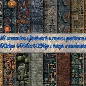May include: 16 seamless patterns featuring futhark runes in various styles. The patterns are high resolution, 4096 x 4096 pixels, and 300 dpi. The patterns are in a variety of colors, including black, white, gold, blue, and green.