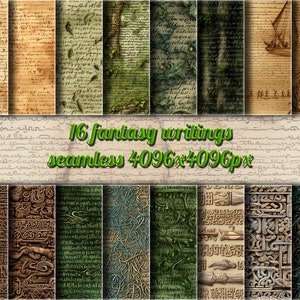 May include: A set of 16 fantasy writing designs, offered as seamless patterns. The patterns showcase aged paper textures, handwritten scripts, and detailed illustrations in brown, green, and beige tones. The text "16 fantasy writings seamless 4096x4096px" is visible.