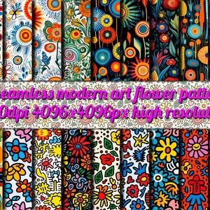 Könnte beinhalten: 18 nahtlose moderne Kunstblumenmuster, 300 dpi 4096x4096px hohe Auflösung. Die Muster zeigen bunte Blumen, Kreise und abstrakte Designs.