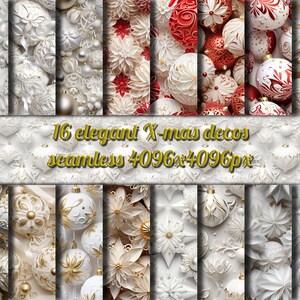 Könnte beinhalten: 16 nahtlose digitale Papiermuster mit weißen, goldenen und roten Weihnachtskugeln und Schneeflocken. Die Muster sind 4096x4096 Pixel groß.