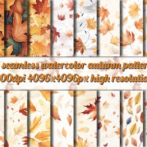 Könnte beinhalten: 16 nahtlose Aquarell-Herbstmuster, 300 dpi 4096x4096px hohe Auflösung. Die Muster zeigen verschiedene Farbtöne von roten, orangefarbenen und gelben Blättern auf weißem Hintergrund.