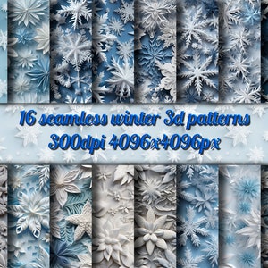 Könnte beinhalten: 16 nahtlose Winter-3D-Muster, 300 dpi 4096x4096px. Die Muster zeigen weiße Papierschneeflocken und Blumen auf blauem Hintergrund.