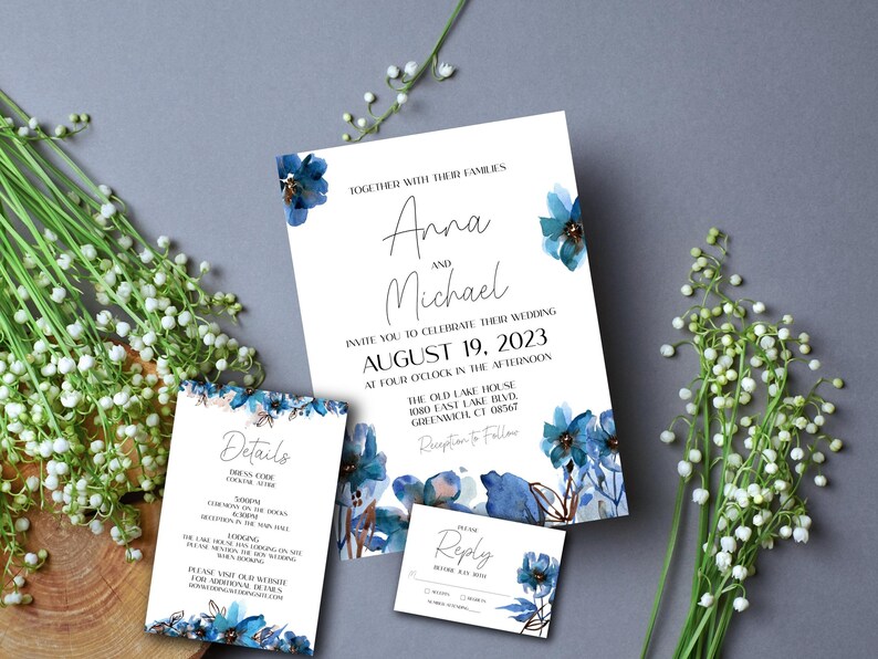 Blue Spring Invitations Blue Floral Wedding Invitation Suite Customizable, Spring, Summer ...