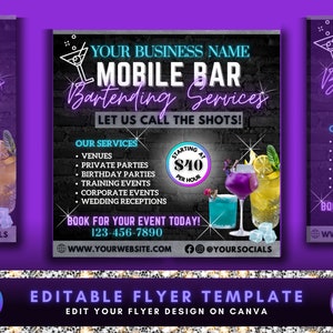 Flyer mobile barman, modèle de flyer en toile à faire soi-même, mixologue, flyer prédéfini, réservations, flyer réseaux sociaux, flyer barman, flyer bar, bricolage