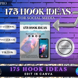 May include: A digital download graphic with a purple and blue brick background. The graphic features a silver arrow pointing to the right, a silver seal with the text "DIGITAL DOWNLOAD", and a phone screen displaying a mockup of a social media post with the text "175 HOOK IDEAS For Content Creators". The graphic also includes buttons for Facebook, Instagram, and TikTok.