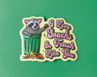 Autocollant drôle de raton laveur, autocollant en vinyle I Love Trash Retro Raccoon avec encre rose pour bouteille d'eau, gobelet, ordinateur portable, carnet ou planificateur