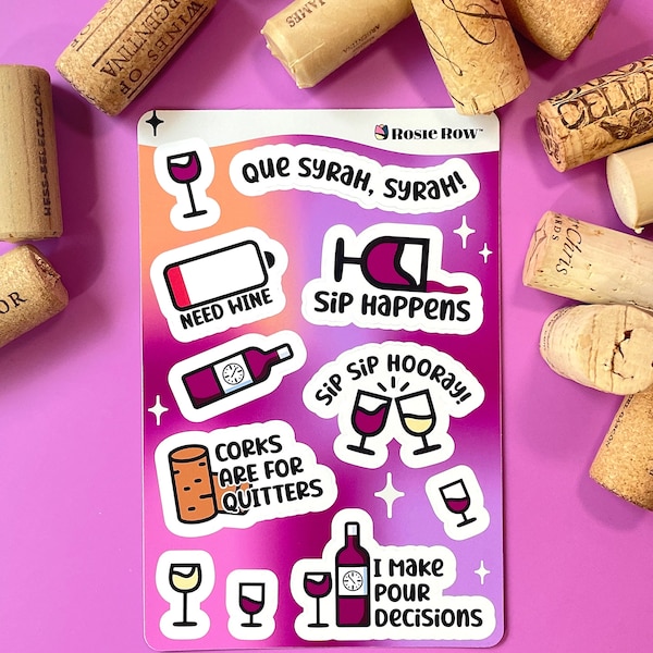 Fun Wine Theme Sticker Sheet 4"x6" Premium Vinyl Stickers for Wine Tumbler, Water Bottle, Laptop, gift tags, Notebook or Planner