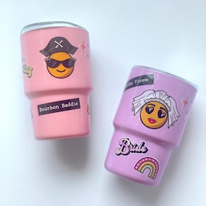 Customizable 3oz Mini Tumbler and Sticker Pack Bundle, Birthday or Bachelorette Party Favor Includes Personalized Emoji Stickers & Straw