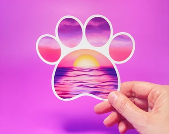 Beach Sunset Dog Paw Sticker for Car Bumper sticker, Windshield, sticker Water Bottle, Tumbler, Laptop, Notebook or Planner