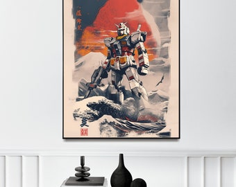 Gundam RX 93 Japanese The Great Wave off Kanagawa Style Poster | Wall art