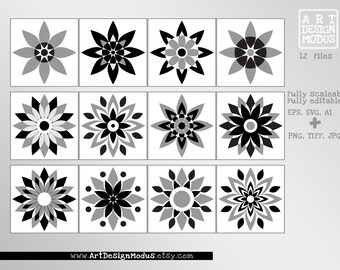 ベクター アート コレクション - 12 種類の花の抽象的なデザイン要素。ベクター ファイル コレクション jpg、pnd、svg ファイル。抽象的な幾何学的なクリップアート デザイン