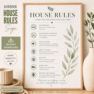 Puede incluir: Un letrero enmarcado con el texto "REGLAS DE LA CASA" y varias pautas para los huéspedes. El letrero incluye iconos y texto sobre no fumar, horas de silencio y mantener el espacio limpio. Diseñado para Airbnb y alquileres vacacionales.