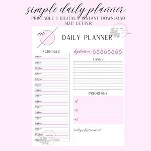 May include: A printable daily planner with a pink and white color scheme. The planner includes sections for scheduling, hydration, tasks, priorities, and a space for "today's best moment".