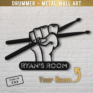 Drummer Gift Personalized Wall Art | Custom Metal Art for Drummer Name Sign for Studio Indoor Outdoor | Music Room Decor Drumsticks MCS120
