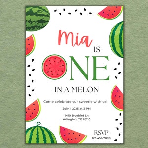 Convite de primeiro aniversário 5x7 One in a Melon - Digital - Imprimir em casa ou na loja