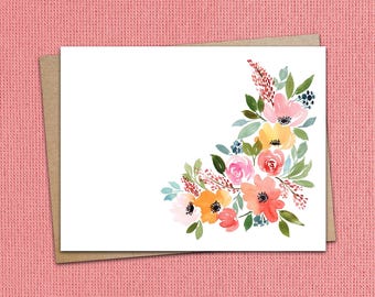 Watercolor Floral Notecard Set: Blank Stationery, Kraft or White Envelopes