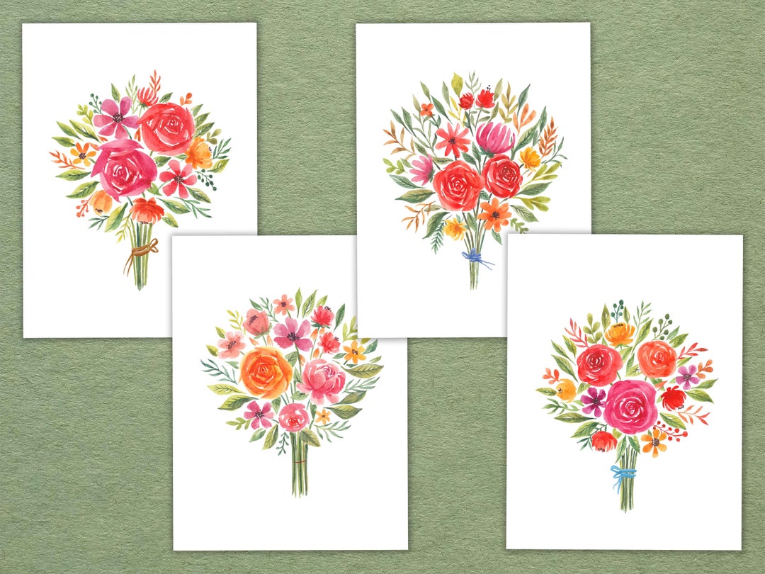 Watercolor Flower Bouquet Note Cards: Blank Stationery Set With Kraft ...