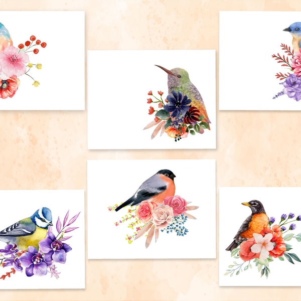 Watercolor Bird notecards 4.25"x5.5" kraft envelopes window box floral stationery greeting housewarming gift set