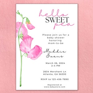 5x7 Rectangle Baby Shower Hello Sweet Pea Template - Digital - Print at Home or Store