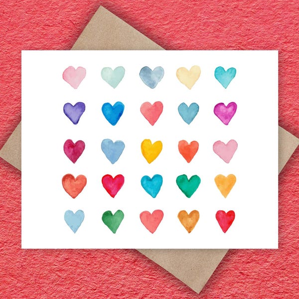 Juego de tarjetas con corazones de acuarela: papelería en blanco con sobres kraft o blancos