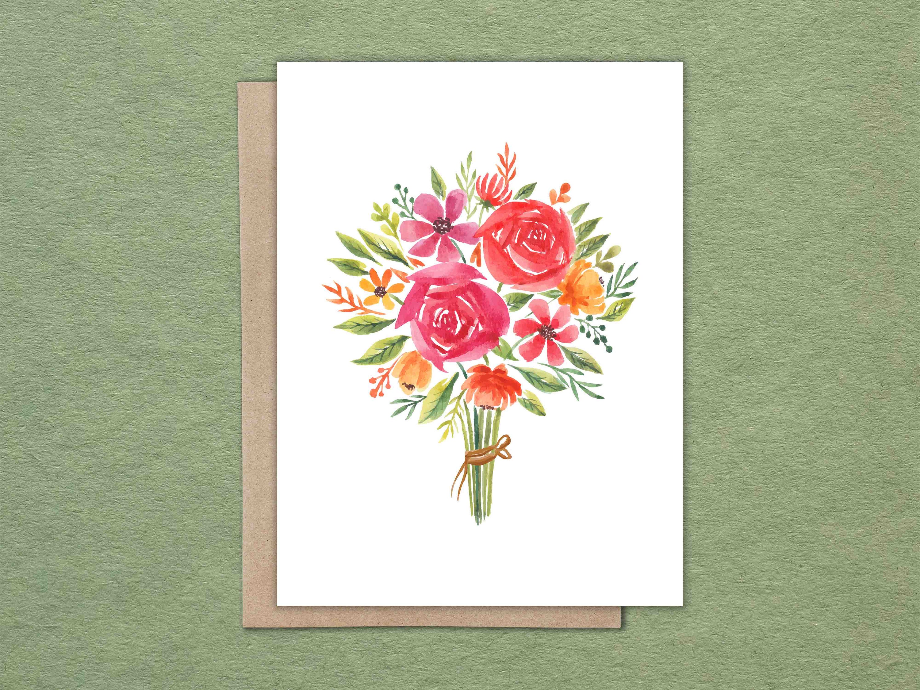 Watercolor Flower Bouquet Note Cards: Blank Stationery Set With Kraft ...