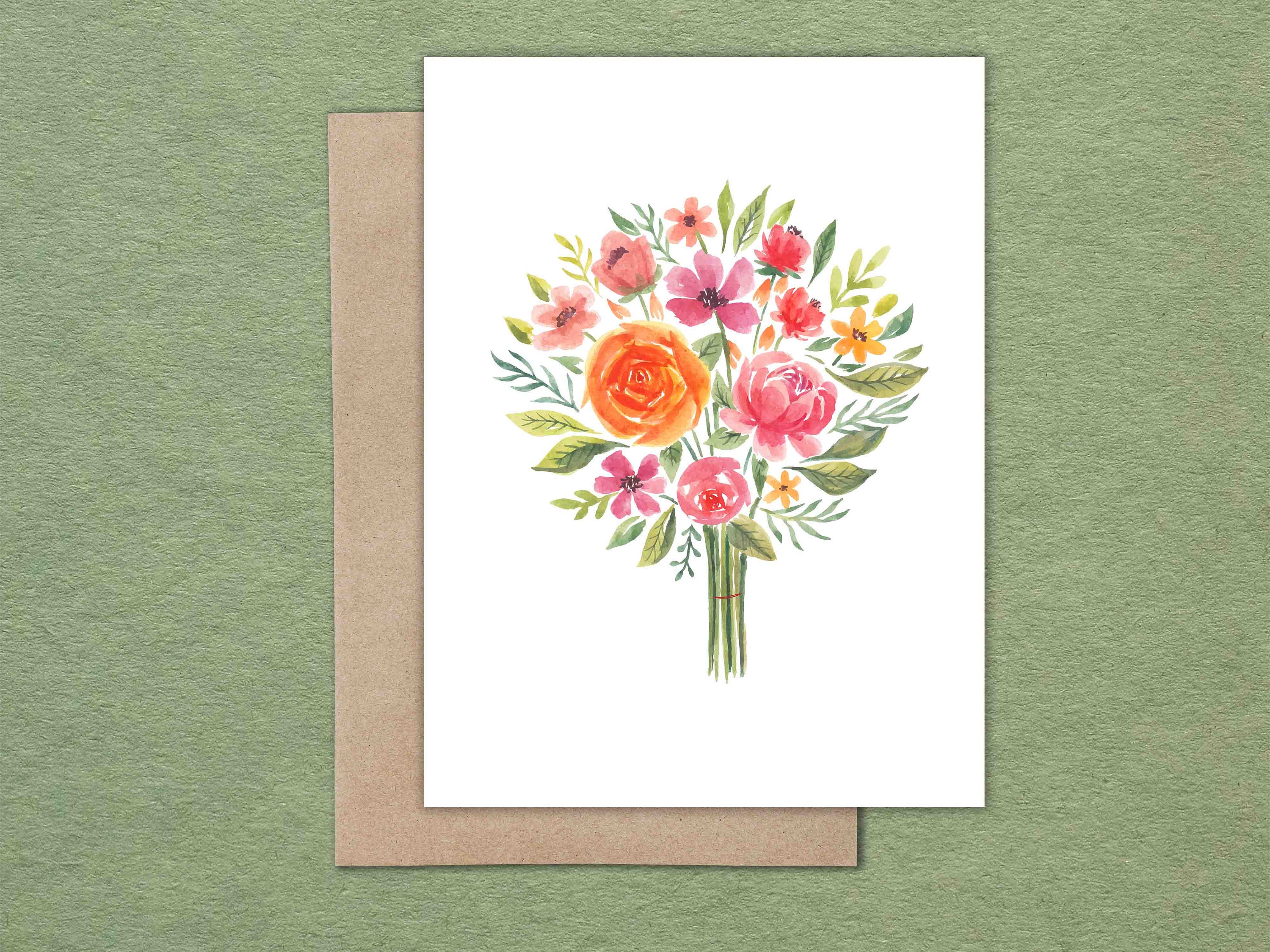 Watercolor Flower Bouquet Note Cards: Blank Stationery Set With Kraft ...