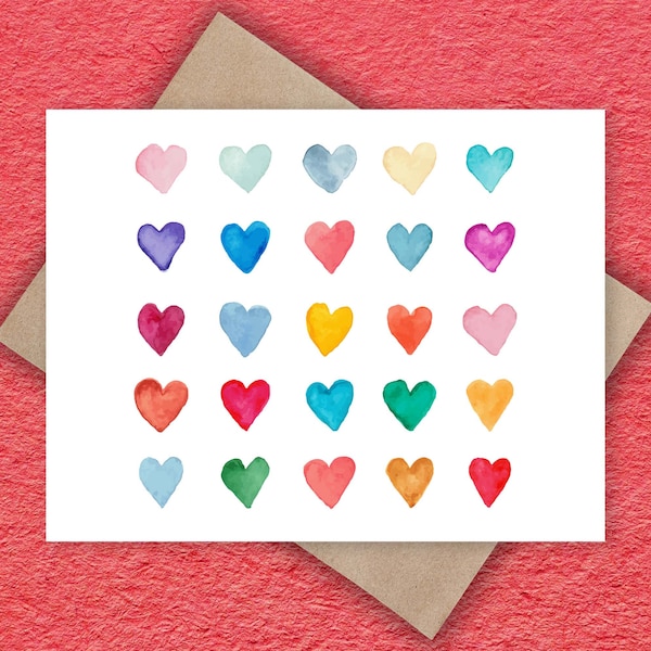 Watercolor Hearts notecard set 4.25"x5.5" blank stationery kraft envelopes w/ window box gift thank you sympathy empathy