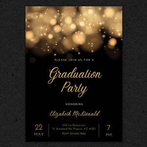 Convite para celebração de formatura de globos pretos e dourados 5x7 - personalizado - digital - impressão em casa ou loja