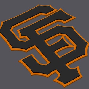 May include: Black and orange stylized "SF" logo. The letters are outlined in orange and have a 3D effect.