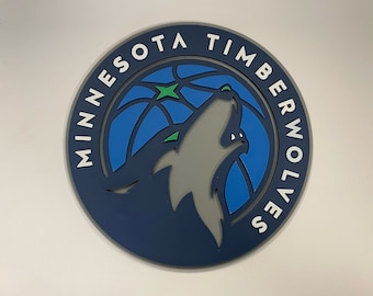 May include: A blue and gray circular logo with the text "Minnesota Timberwolves" around the edge. A wolf howling at the moon is in the center of the logo, with a basketball net behind it.