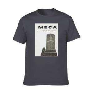 Puede incluir: Una camiseta gris oscuro con un gráfico blanco de una lápida con el texto "RIP TESLA 2008-2023" y las palabras "MECA MAKE ELON CRY AGAIN" sobre la lápida.