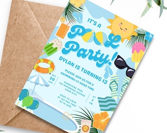 May include: A blue and yellow pool party invitation with a cartoon sun, sunglasses, and a pool float. The text reads "It's a Pool Party! Dylan is turning 13. Please join us for a swimming-ly good time at Sunnyside Pool, 123 Anywhere Avenue, Your City, at 1 PM on May 20th. RSVP to Linda at 123-456-7850 by June 10th."