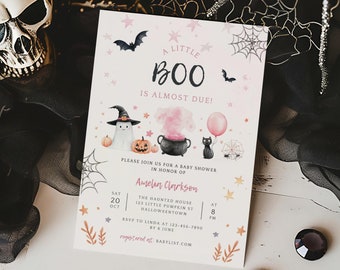A Little Boo Is Almost Due Baby Shower Invitation Girl. Printable Halloween Pink Ghost Invite. Editable Template. Instant Download. BS82