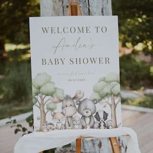 Woodland Creature Baby Shower Welcome Sign. Editable Boho Forest Animals Baby Shower Poster. Greenery Wild Animals Printable Template. BS91